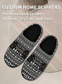 Men's Custom Name Christmas Home Slippers, Black Christmas Pixel Grid Designed Lightweight Comfortable Soft Bottom Home Slippers For Man, Personalized Fun Christmas Gift For Mom/Dad/Her/Him/Girlfriend/Boyfriend/Wife/Husband/Friend