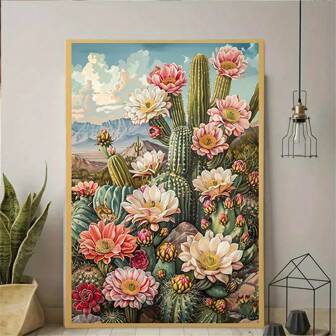 充满活力的别致复古风格的仙人掌帆布艺术 - 令人惊叹的带框/无框抽象墙面装饰，适用于客厅、卧室、工作室，具有独特的纹理笔触和持久的防褪色印花
