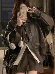 Mira Leather Jacket Women, Loose Fit Casual Hong Kong Style For Petite, Autumn/Winter