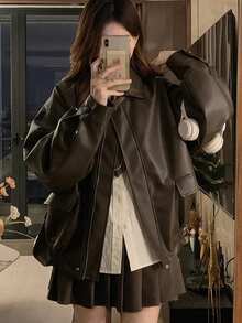 Mira Leather Jacket Women, Loose Fit Casual Hong Kong Style For Petite, Autumn/Winter