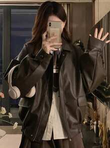 Mira Leather Jacket Women, Loose Fit Casual Hong Kong Style For Petite, Autumn/Winter