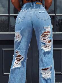 Women's Non-Stretch Straight Leg Ripped Jeans High Waist Button Fly Denim Pants For Leg-Lengthening - 淺色水洗藍 - 查看 3