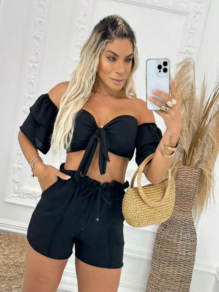Shorts And Crop Top Set - 黑色 - 查看 1