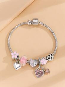 1 件流行时尚手链，粉色甜心和花卉串珠手链 - 銀色 - 查看 1