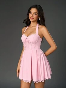 PARTHEA Halter Tie Backless Smocking Lace Spliced Bodycon Ruched Dress - Pink - View 5