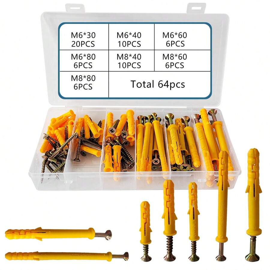 64PCSPlastic Expansion Screws 6mm8mm Mounting Bolts Boxed Mix Household