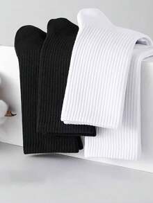 6 đôi/10 đôi Tất dài đến bắp chân sọc dọc trơn Unisex, Đen & Trắng, Tất thể thao thường ngày thoải mái, đơn giản & đa năng, Mùa thu/Đông - Nhiều màu - Xem 6