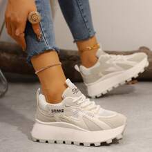 2025春秋新款女士运动鞋，圆头系带厚底休闲舒适轻便鞋，尺码35-40 - 米色 - 查看 4