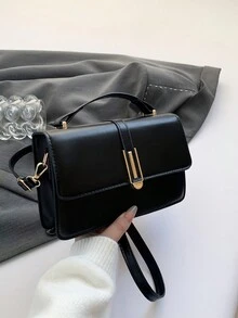时尚简约潮流纯色斜肩手提包金属装饰小方包 - 黑色 - 查看 4