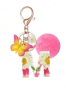 1pc Resin Dried Flower & Letter Shaped Keychain, Fashionable Butterfly Tassel Pom Pom Decor Key Ring, For Mom & Best Friend Car Accessories Bag Charm Backpack For School Cute Goth Y2k Halloween Accessories Teachers Day Christmas Gift Ideas Bag Lanyards With Id Holder Car Accessories Bag Charms Car Sister - Pink - View 1