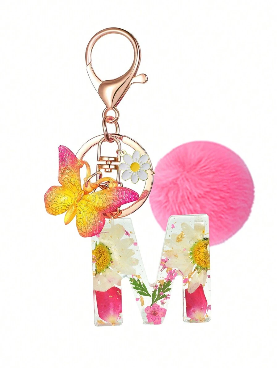 1pc Resin Dried Flower & Letter Shaped Keychain, Fashionable Butterfly Tassel Pom Pom Decor Key Ring, For Mom & Best Friend Car Accessories Bag Charm Backpack For School Cute Goth Y2k Halloween Accessories Teachers Day Christmas Gift Ideas Bag Lanyards With Id Holder Car Accessories Bag Charms Car Sister - Pink - View 1