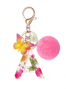 1pc Resin Dried Flower & Letter Shaped Keychain, Fashionable Butterfly Tassel Pom Pom Decor Key Ring, For Mom & Best Friend Car Accessories Bag Charm Backpack For School Cute Goth Y2k Halloween Accessories Teachers Day Christmas Gift Ideas Bag Lanyards With Id Holder Car Accessories Bag Charms Car Sister - Pink - View 2