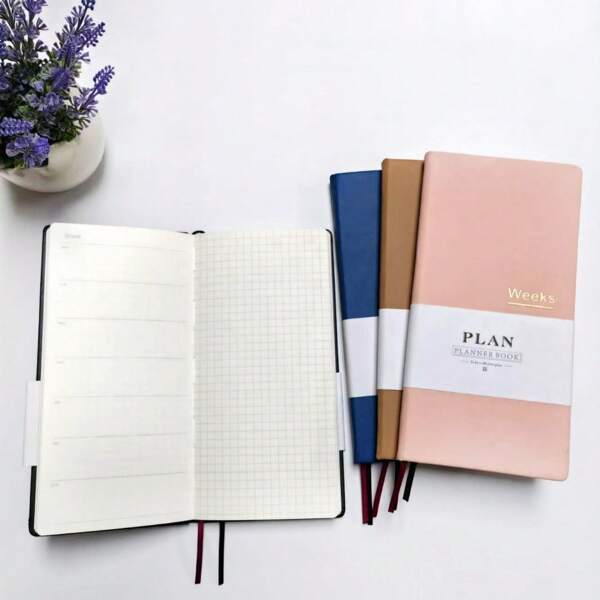 1Pc Weekly Journal Notebook Simple PU Leather Planner Work Schedule Time Management Weeks Notebook, Notebook Size 7.48 * 3.74 * 0.55 Inch, Give Away 1Pc Transparent PVC Protective Cover Back To School