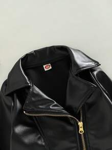 Kids PU Leather Jacket, Long Sleeve Turn-Down Collar Zipper Closure Casual Outwear For Girls Boys - Black - View 5