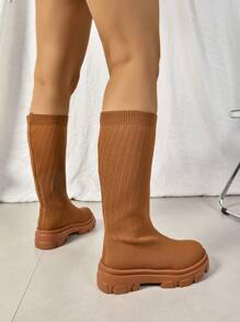 Women's Fashionable Thick Sole Mid-Calf Boots, Black Woven Breathable Casual High-Top Elastic, Slimming Stylish Versatile, Spring/Autumn British Style