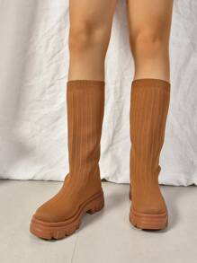 Women's Fashionable Thick Sole Mid-Calf Boots, Black Woven Breathable Casual High-Top Elastic, Slimming Stylish Versatile, Spring/Autumn British Style