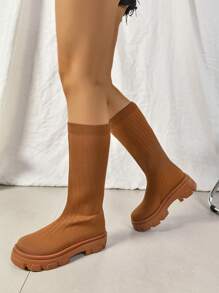 Women's Fashionable Thick Sole Mid-Calf Boots, Black Woven Breathable Casual High-Top Elastic, Slimming Stylish Versatile, Spring/Autumn British Style