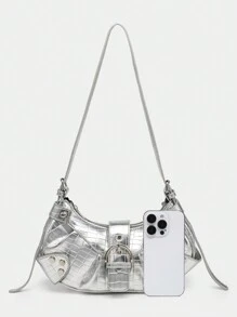 女士轻便便携式复古斜挎包：朋克和哥特式 Y2K 风格素食皮革摩托车钱包，配有铆钉、金属链和可调节肩带 - 适合青少年、大学女生、街头时尚、音乐会、音乐节和前卫服装的配饰。 - 銀色 - 查看 4