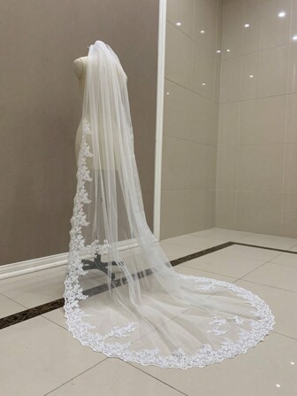 One Layer Long Lace Applique Bridal Veil 98 Inches Lace Veil White Or Ivory Wedding Veil Lace Veil Bridal Accessories