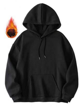 男士天鹅绒连帽衫休闲黑色套头保暖衫，秋冬款