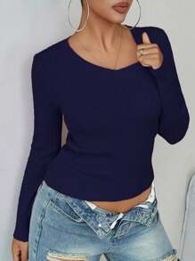 Apperloth A Women's Spring Casual Thin And Soft V Neck Long Sleeve Slim Fit Fitted Cropped Cable Knit Sweater Basic Pullover Top - Blue - View 3