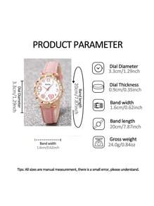 6pcs Pink PU Alloy Firework Heart Design Quartz Watch, Hollow Necklace, Bracelet, Ring, Earring Jewelry Set, Birthday Gift For Kids - Pink - View 7