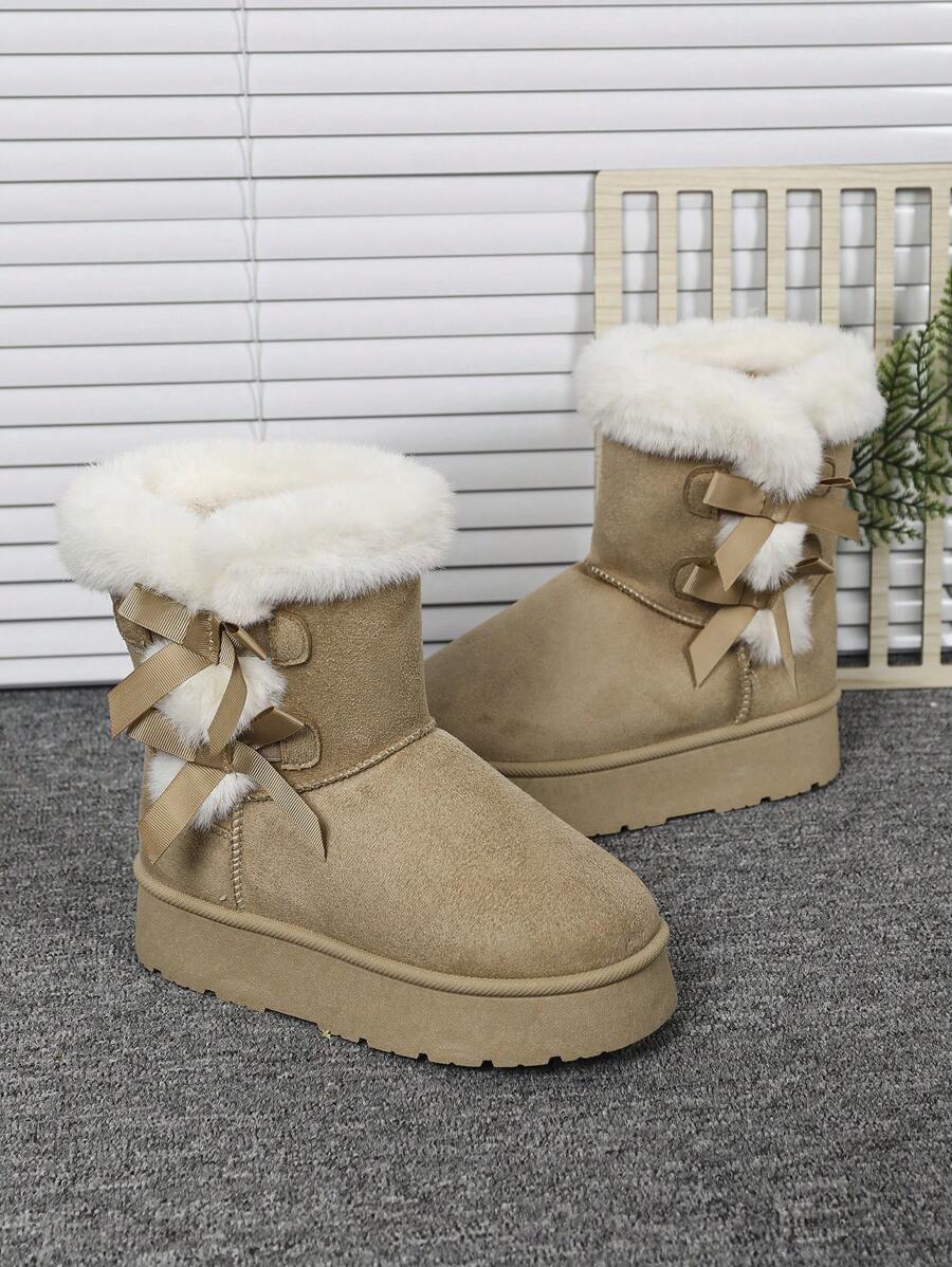 Women's Fashion Thick Sole Versatile Non-Slip Snow Boots, Thermal Lined Warm Casual Platform Leather Boots, Warm Soft One-Push Bow Design Winter Boots - Apricot - View 1