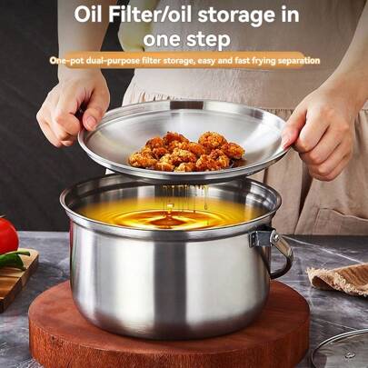 1 pezzo Pentola per zuppa in acciaio inossidabile spessa con coperchio, serbatoio circolare per l olio, pentola per il lardo rialzata, pentola filtrante per l'olio con doppia maniglia, pentola per zuppa multifunzione