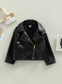 Kids PU Leather Jacket, Long Sleeve Turn-Down Collar Zipper Closure Casual Outwear For Girls Boys - Black - View 2
