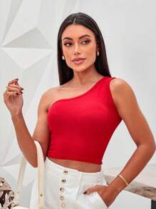 Women's One Shoulder Crop Top - 紅色 - 查看 1