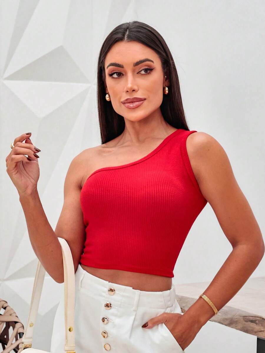 Women's One Shoulder Crop Top - 紅色 - 查看 1