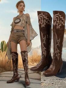 Botas altas tipo western de estilo europeo con tacón grueso, cierre de cremallera lateral, diseño bordado para mujeres, color marrón café - Café integral - Ver 1