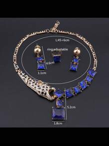 1set Fashionable Blue Crystal Leopard Necklace, Earrings And Ring Jewelry Set, Suitable For Women To Wear At Weddings, Dances, Parties And Banquets