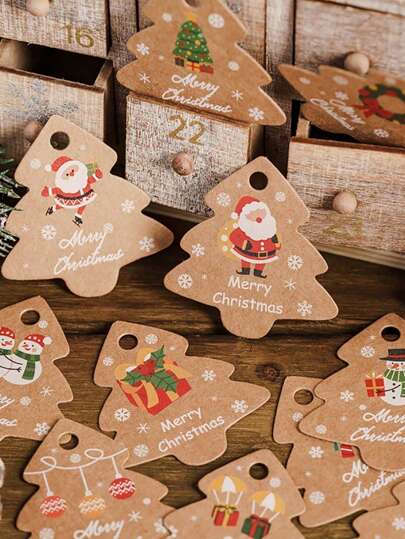 48 pezzi Etichette regalo natalizie con grafica a forma di albero di Natale vintage e slogan, con stringa, decorate con Babbo Natale e pupazzo di neve, per decorazioni natalizie, feste e regali