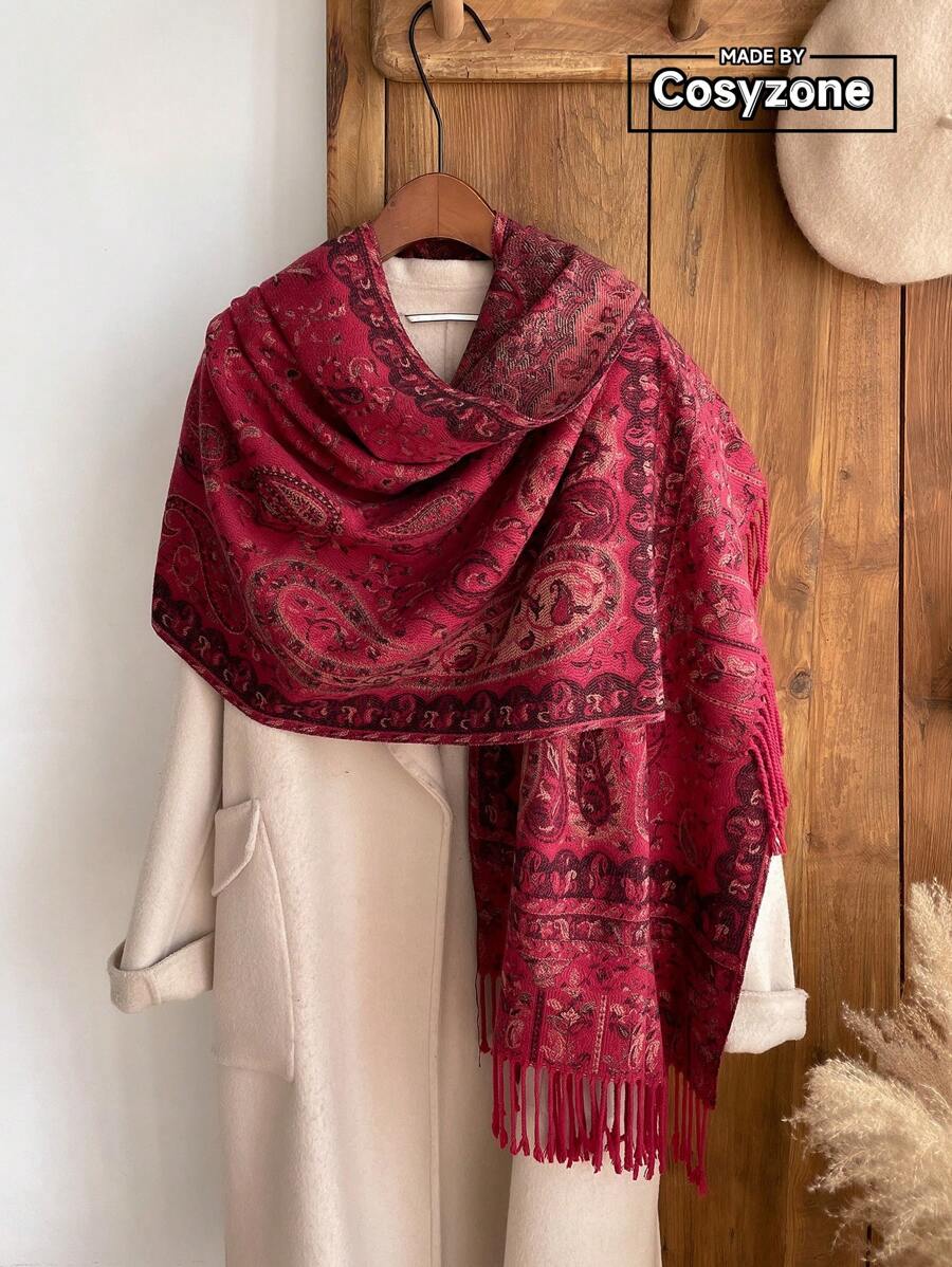 1pc Women Autumn/Winter Pseudo-Cashmere Retro Paisley Floral Jacquard Bohemian Style Warm Tasseled Scarf/Shawl - Multicolor - View 1