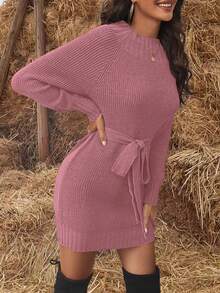 女士纯色圆领插肩袖长袖休闲毛衣连衣裙，秋冬季，玫瑰石英色 - 珊瑚粉 - 查看 7