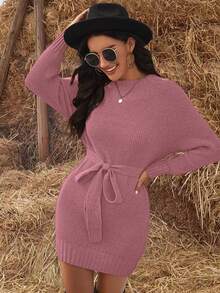 女士纯色圆领插肩袖长袖休闲毛衣连衣裙，秋冬季，玫瑰石英色 - 珊瑚粉 - 查看 6