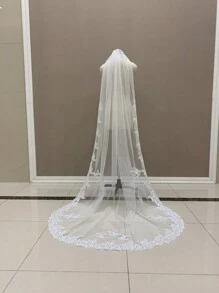 One Layer Long Lace Applique Bridal Veil 98 Inches Lace Veil White Or Ivory Wedding Veil Lace Veil Bridal Accessories - Multicolor - View 3