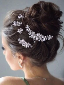 5pcs Rhinestone Hair Clips/Forks Set, Shiny Silver Women Hair Accessories Suitable For Wedding Party
