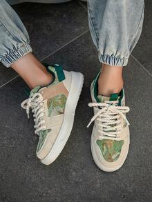 Giày thể thao thường ngày buộc dây họa tiết tranh cổ điển dành cho nam, giày vải chống trượt thoáng khí họa tiết ngẫu nhiên dành cho thanh thiếu niên - Be - Xem 3