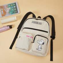 Miniso Snoopy Series Multi-Pocket Nylon Shoulder Bag Durable Backpack Lightweight Schoolbag (Beige) Back To School - White - View 4