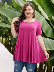 Huskary Plus Size Tops For Women Round Neck Short Sleeve Shirts Casual Summer Clothes Tunics For Leggings - Fushia - View 5