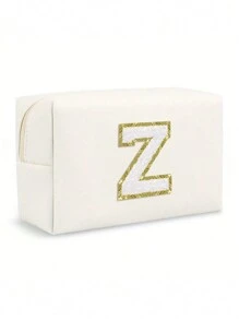 Borsa da trucco ottagonale da donna in PU con lettere, borsa cosmetica portatile in chenille con lettera iniziale in PU, impermeabile, per il viaggio, con cerniera, adatta per la decorazione della casa in autunno, atmosfera bohémien, vacanze, spiaggia, bagno, camera da letto, grande capacità