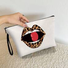 Polka Dot Lip Print Cosmetic Bag, Braided Strap Women Portable Toiletry Makeup Organizer - Multicolor - View 14