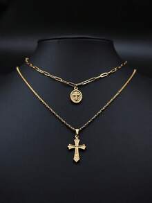 1set/2pcs Stainless Steel Cross & Disc Pendant Necklace, Retro French Style, Unisex, Valentine's Day/Mother's Day/Father's Day Gift - Yellow Gold - View 3