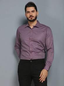 Men's Summer Spring Autumn Long Sleeve Shirt Business Formal Wear No Ironing Anti-Wrinkle Slim Solid Color - 紫色 - 查看 8