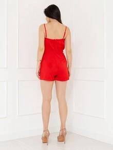 Shorts femininos importados de uma peça de cor pura com cinto de cordão, alça de suspensório ajustável, algodão no peito, forro, conforto de tecido, shorts inferiores com bolsos, o número de modelo é MF24001 - Vermelho - Visão 7