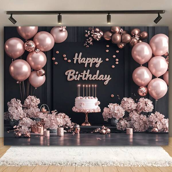 1pc Birthday Party Background Decoration Banner, Rose Gold Balloon Floral Cake Design, For Birthday, Studio Photo Shoot And Multi-Purpose Spring/Summer Hanging Banner Decor - No Power Needed, Home Decor, Party Decor, Birthday Cake Table Supplies, Poster Hanging Banner, Vinyl Decor, Photography Prop, 150cm/59in*100cm/39in, 210cm/82.6in*150cm/59in