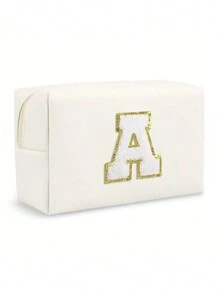 Borsa da trucco ottagonale da donna in PU con lettere, borsa cosmetica portatile in chenille con lettera iniziale in PU, impermeabile, per il viaggio, con cerniera, adatta per la decorazione della casa in autunno, atmosfera bohémien, vacanze, spiaggia, bagno, camera da letto, grande capacità