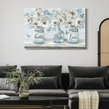 1 Pc White Flower Flower Vase Blue Butterfly Faith Hope Love Jesus Landscape Canvas Prints Christian Wall Art For Living Room Bedroom